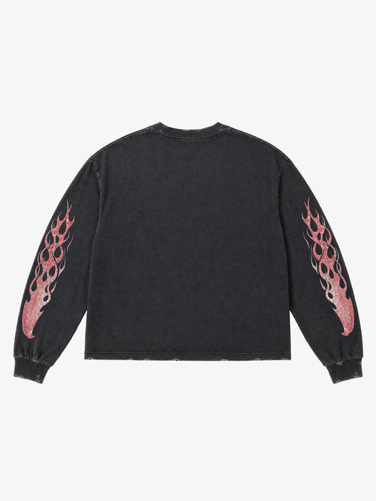 Skull Flame Checkerboard Graphic Washed Long Sleeve Tee