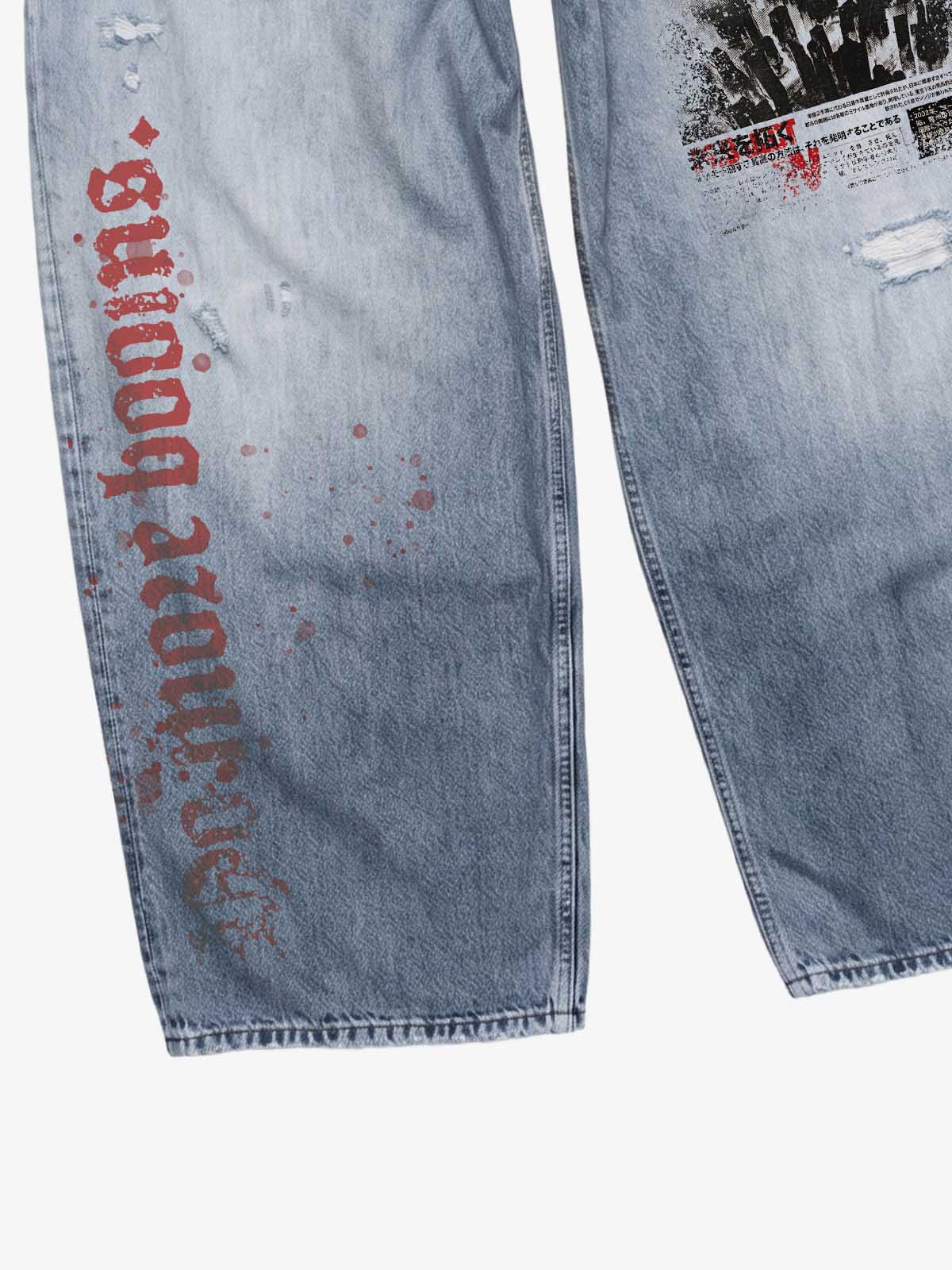 Jeans larghi Scimitar con grafica "No More Booms"