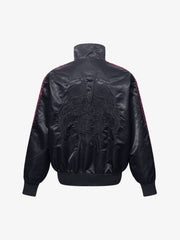 Butterfly Embroidered Leopard-Trim Satin Zip Jacket