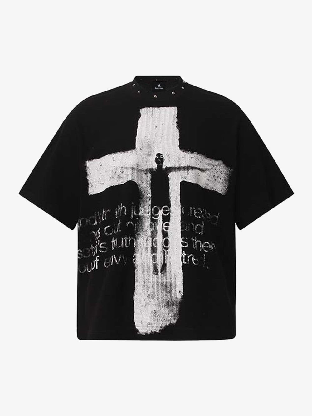Studded Collar Cross Print Waffle T-Shirt 