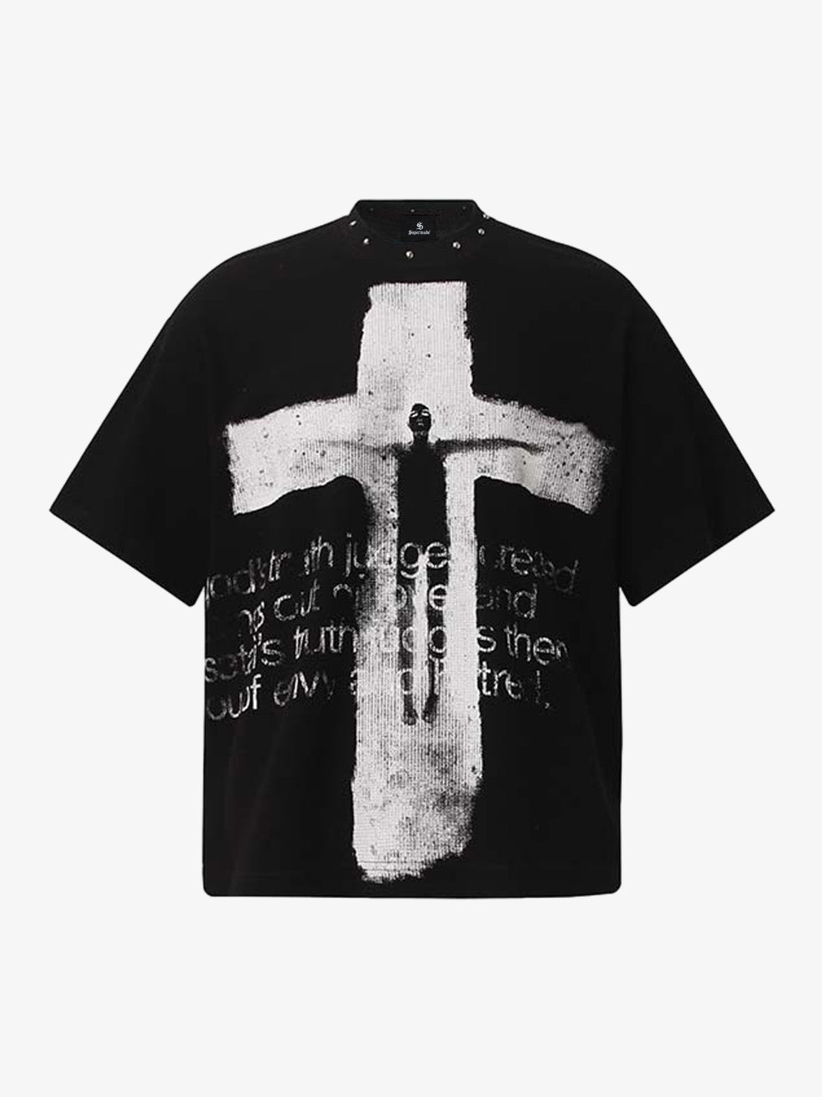 Studded Collar Cross Print Waffle T-Shirt 