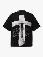Studded Collar Cross Print Waffle T-Shirt 