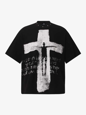 Studded Collar Cross Print Waffle T-Shirt