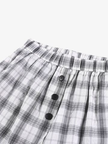 Plaid Wide-Leg Pants with Button-Front Waistband – Cotton Blend Relaxed Fit Casual Trousers