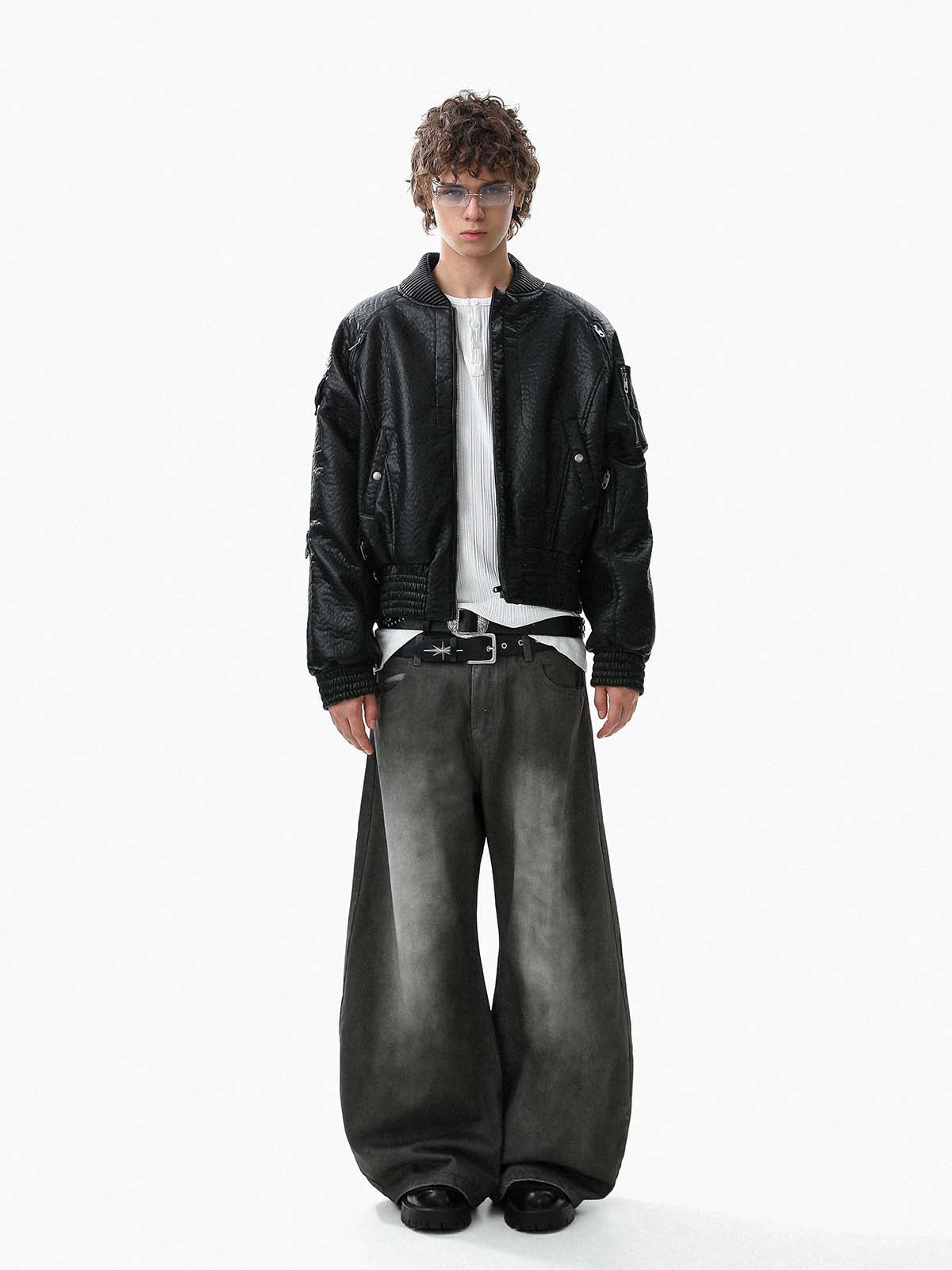 Street Functional PU Leather Panel Workwear Pocket Bomber Jacket 