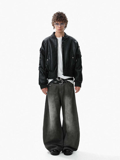 Street Functional PU Leather Panel Workwear Pocket Bomber Jacket 