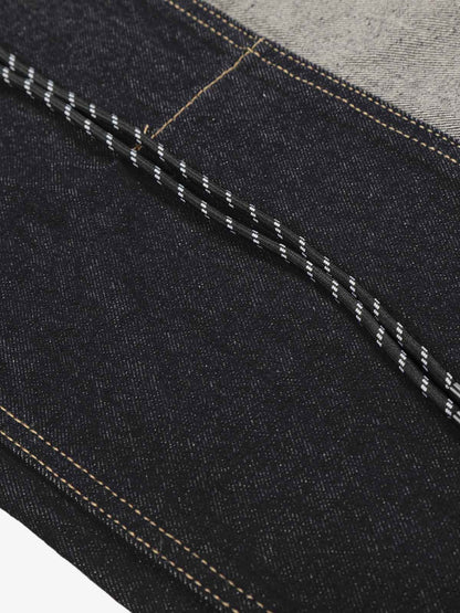 Denim Patchwork Wide Leg Pants with Leopard Star Charm and Side Pockets 