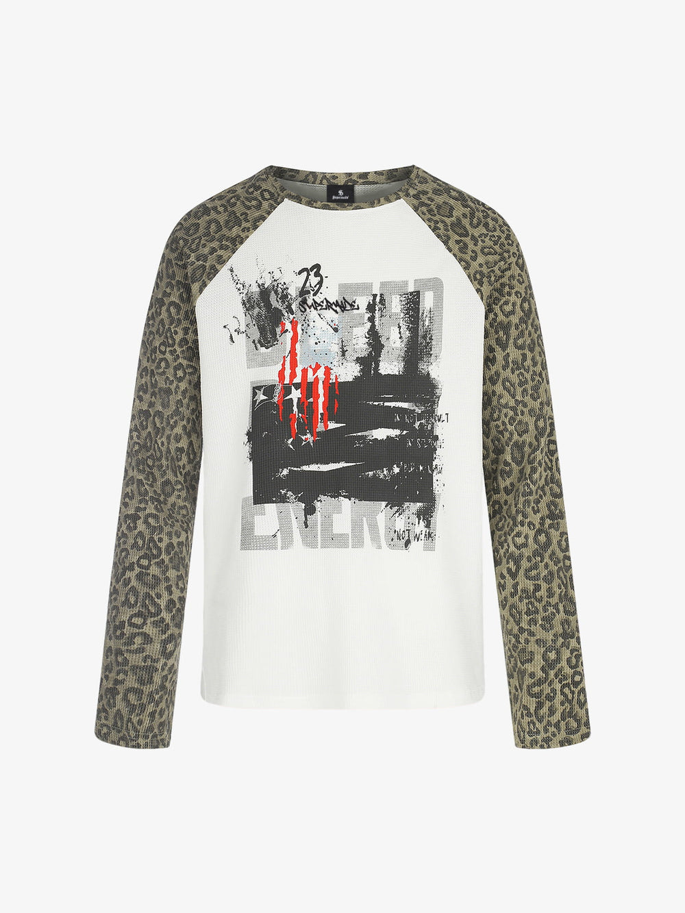 Maglietta a maniche lunghe con stampa leopardata graffiti e motivo waffle.