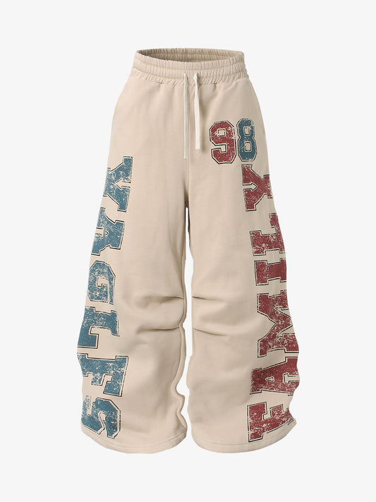 Retro Fleece-Lined Color-Block Letter Print Baggy Pants 