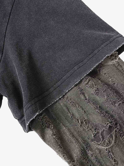 Cotton Blend Oversized Graphic Tee with Leopard Horse Print and Camo Layered Sleeves 