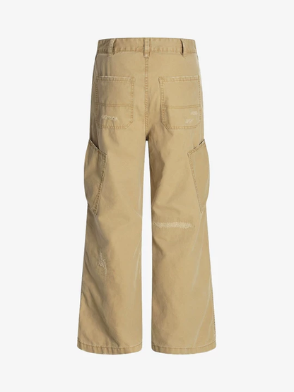 Cotton Hole Patch Pleated Multi-Pocket Cargo Casual Pants 