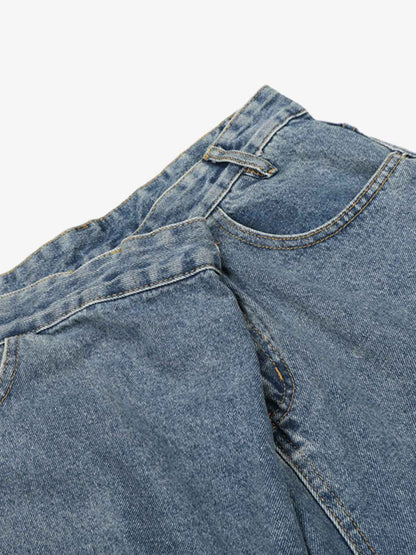 High-Waisted Wide-Leg Denim Pants with Asymmetrical Wrap Design 