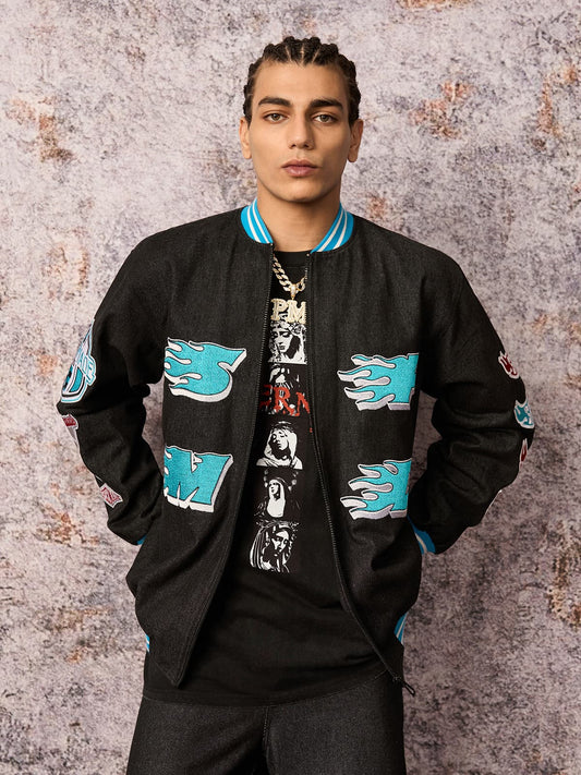 Original Embroidered Patch Flame Design Bomber Jacket