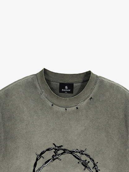 Distressed Sleeveless Crop Top with Barbed Wire Graphic Design 