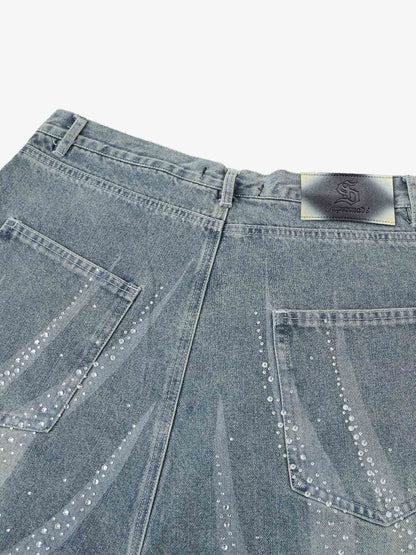 Rhinestone Wave Denim Bermuda Shorts – Light Wash Relaxed Fit Statement Shorts