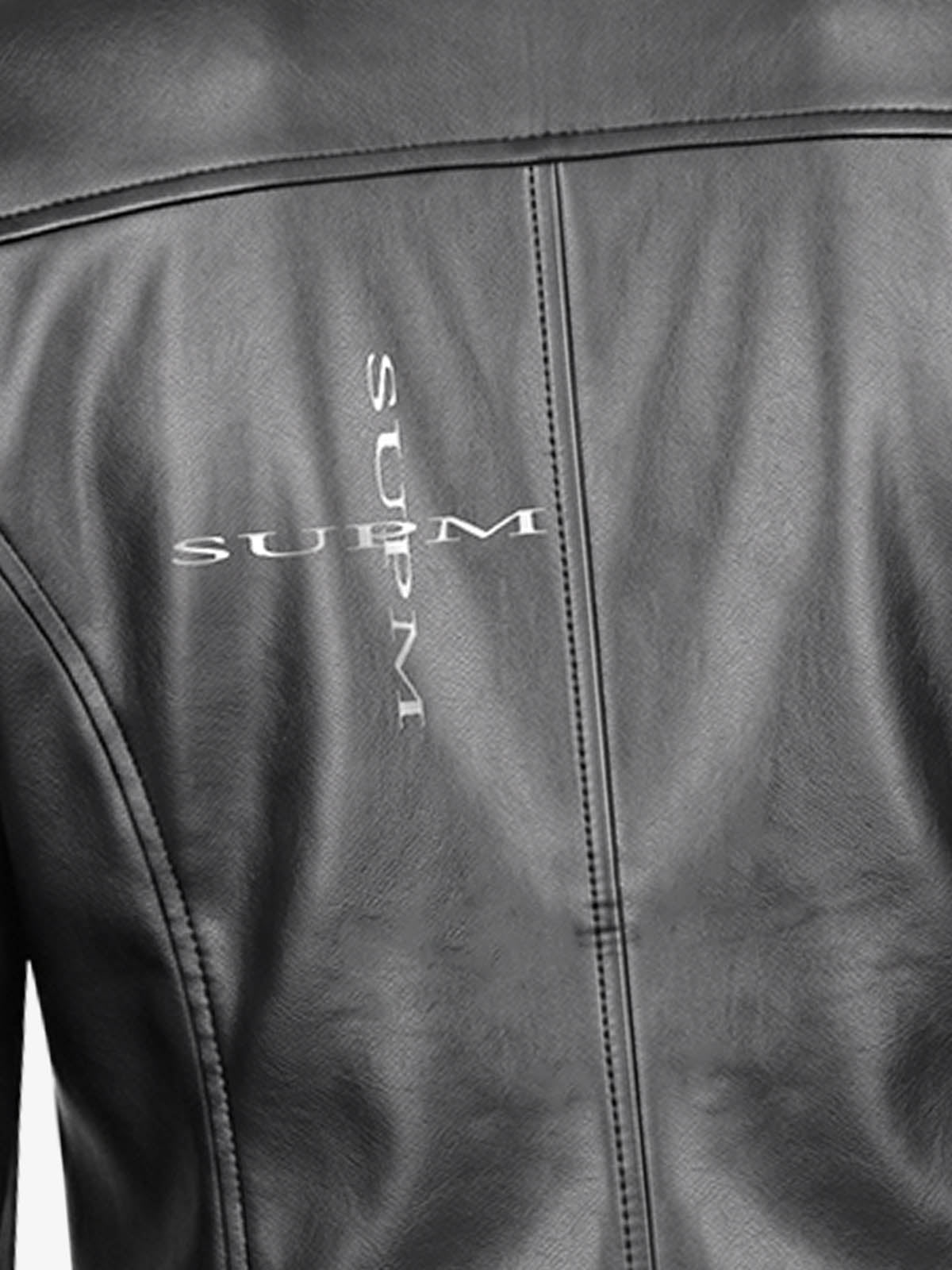 Graphic Stand-Collar Faux Leather Zip Jacket