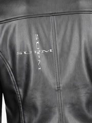 Graphic Stand-Collar Faux Leather Zip Jacket