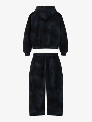 Vintage Washed Tie-Dye Zip Up Hoodie & Barrel Sweatpants Tracksuit 