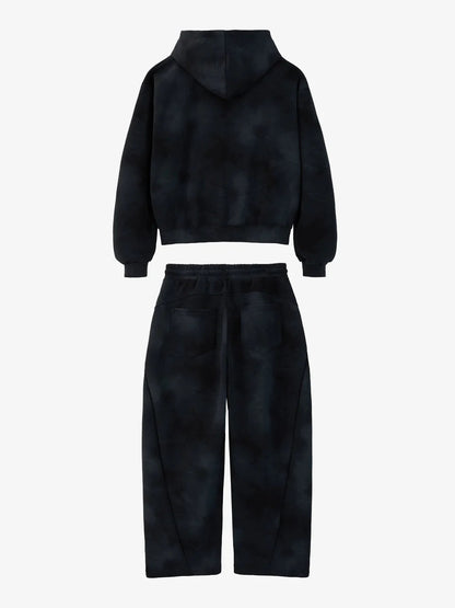 Vintage Washed Tie-Dye Zip Up Hoodie & Barrel Sweatpants Tracksuit 