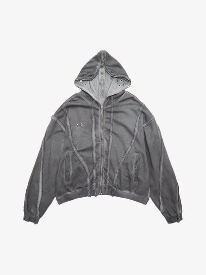 Thesupermade Heavy Washed Distressed Full Zip Hoodie - 2057 