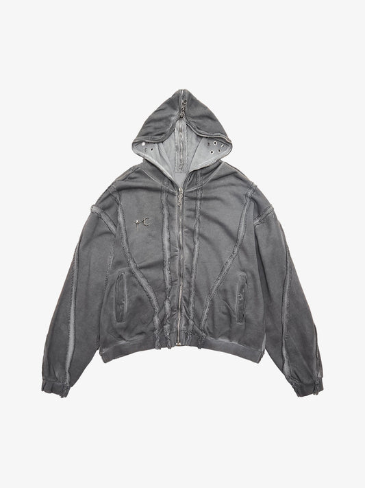 Thesupermade Heavy Washed Distressed Full Zip Hoodie - 2057 