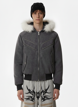 Faux Fur Trimmed Hood Suede Bomber Jacket 