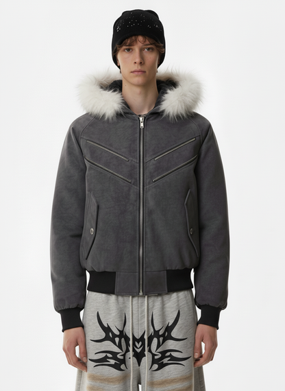 Faux Fur Trimmed Hood Suede Bomber Jacket 