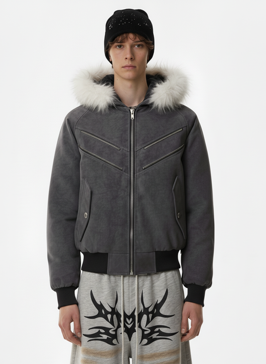Faux Fur Trimmed Hood Suede Bomber Jacket 