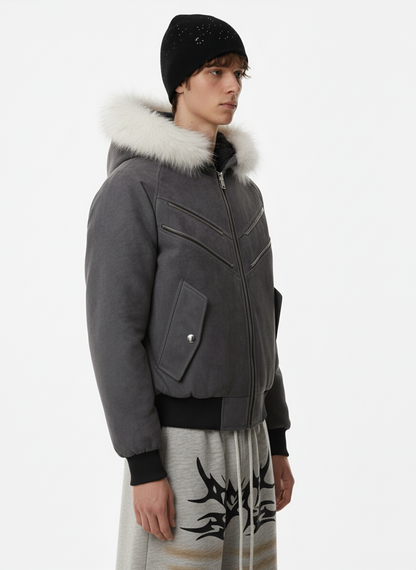 Faux Fur Trimmed Hood Suede Bomber Jacket 