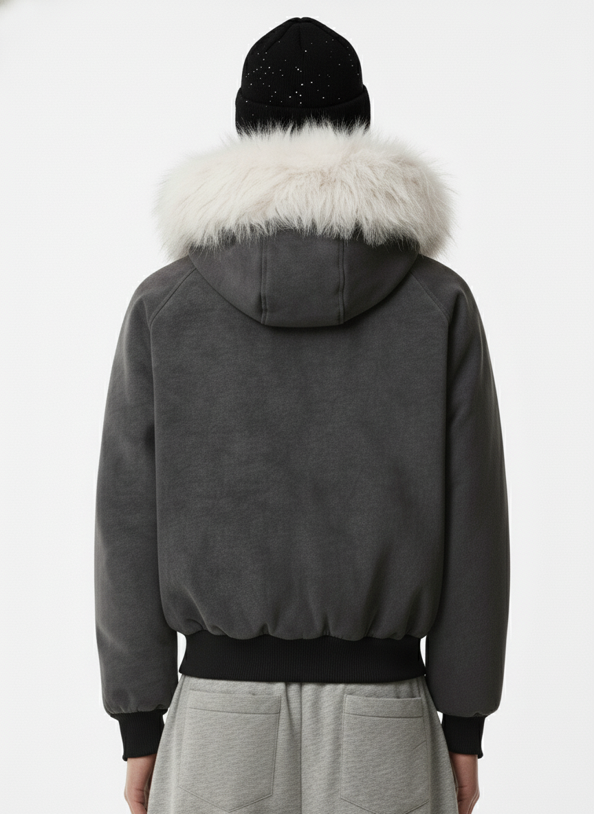 Faux Fur Trimmed Hood Suede Bomber Jacket 