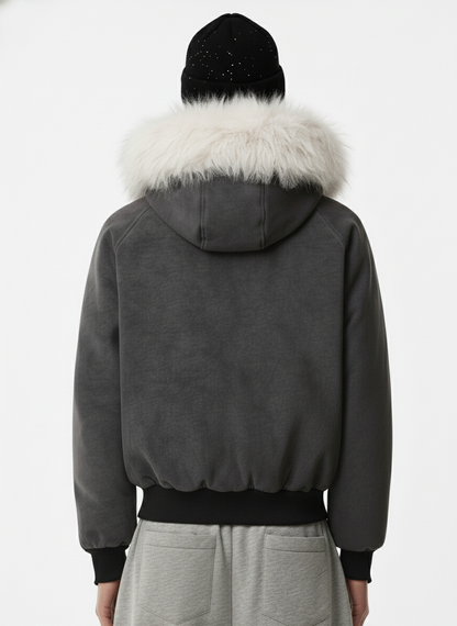 Faux Fur Trimmed Hood Suede Bomber Jacket 