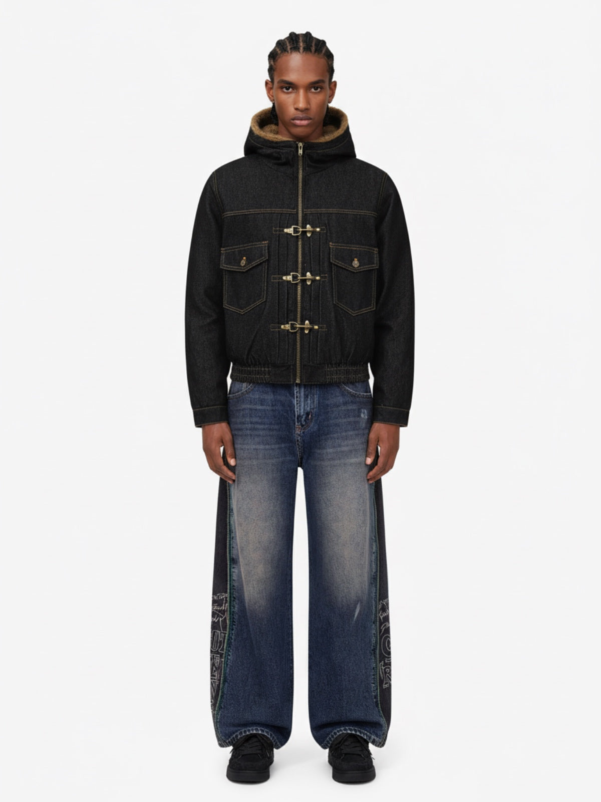 Vintage Denim Mental Buckle Faux Fur Lined Hoodie Jacket 