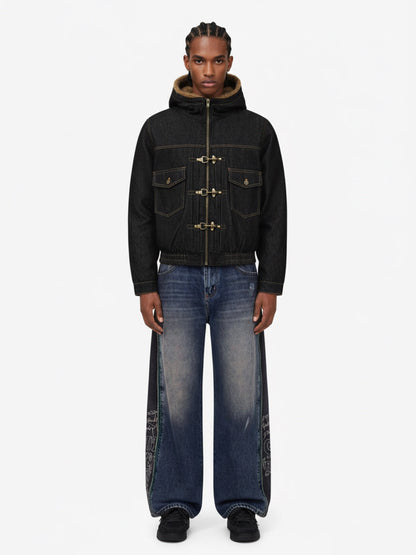 Vintage Denim Mental Buckle Faux Fur Lined Hoodie Jacket 