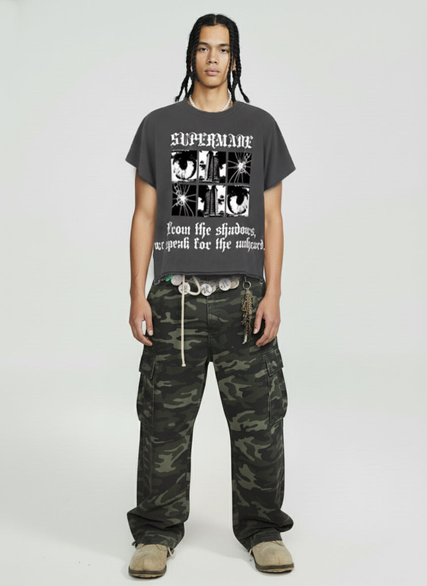 Gothic Text Graphic Cut-Off Sleeveless T-Shirt 