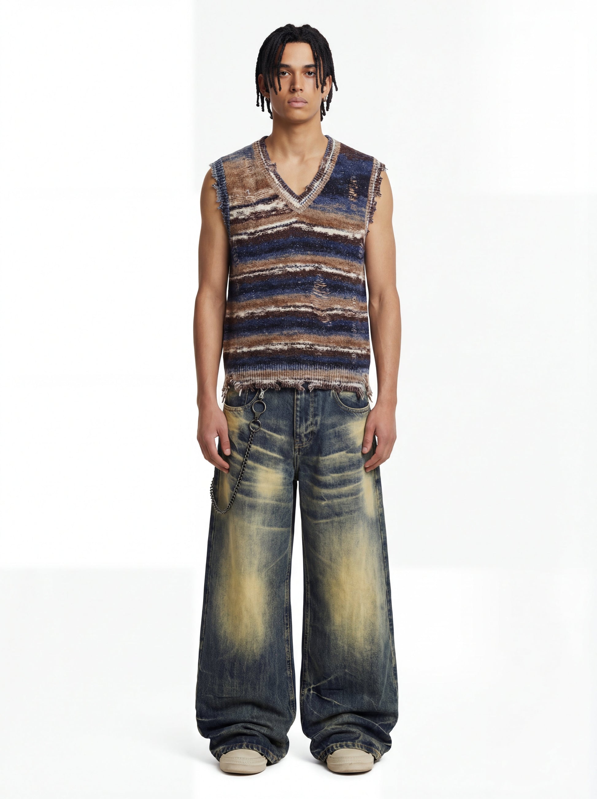 Frayed Edge Striped V Neck Knit Vest 