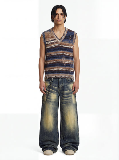 Frayed Edge Striped V Neck Knit Vest 