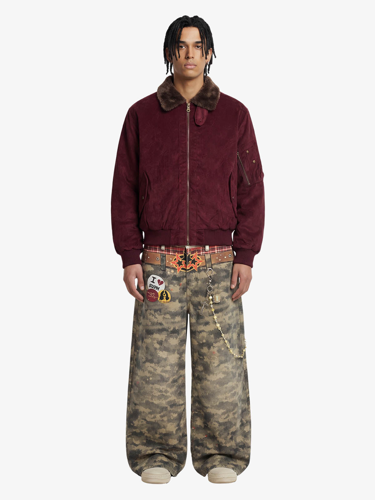 Retro Suede Faux Fur Collar Fleece Lined Bomber Jacket 