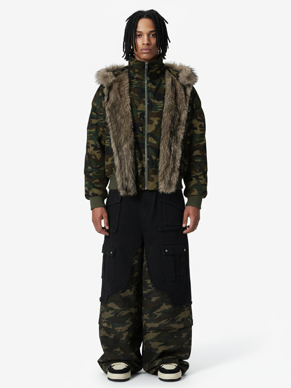 Vintage Camouflage Fur Collar Quilted Hooded Bomber Jacket 