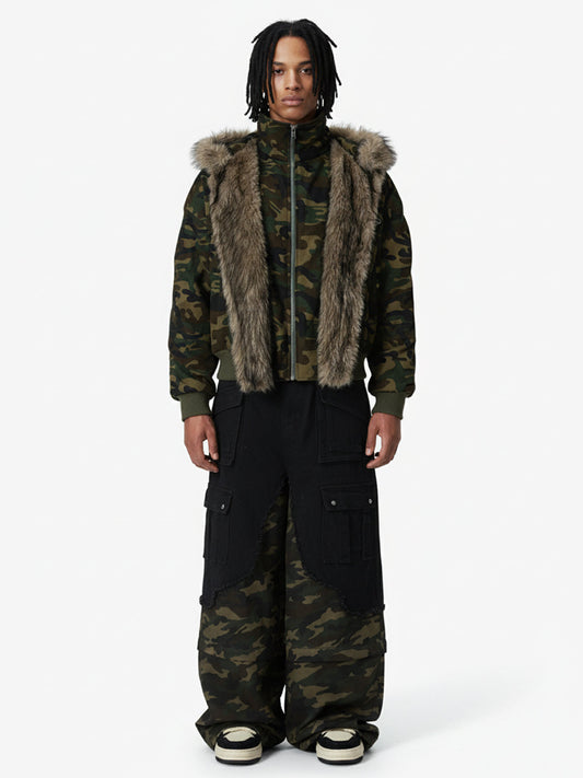Vintage Camouflage Fur Collar Quilted Hooded Bomber Jacket 