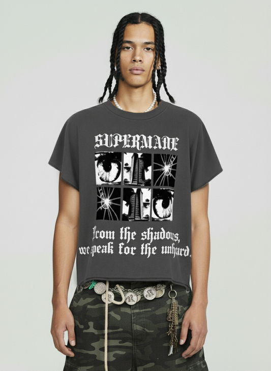 Gothic Text Graphic Cut-Off Sleeveless T-Shirt 