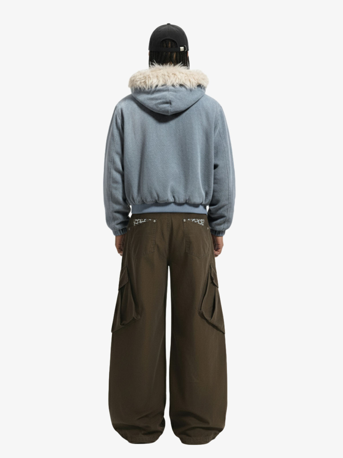 Washed Embroidered Fur-Lined Denim Bomber Jacket