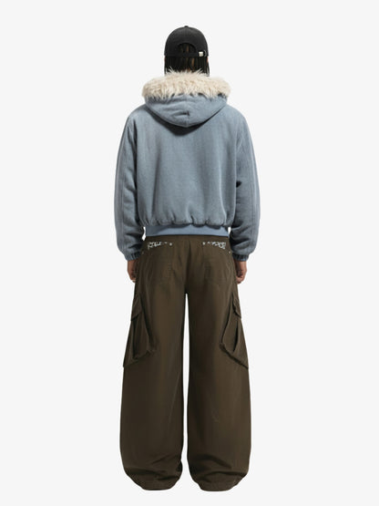 Washed Embroidered Fur-Lined Denim Bomber Jacket