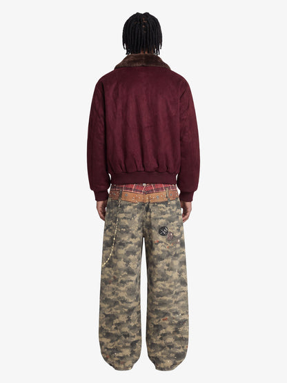 Retro Suede Faux Fur Collar Fleece Lined Bomber Jacket 