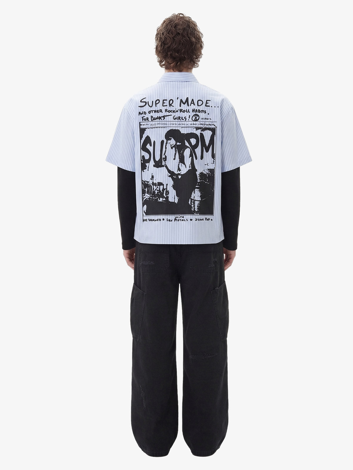 Vintage Illustration Striped Faux Two-Piece Shirt 