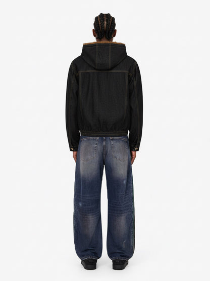 Vintage Denim Mental Buckle Faux Fur Lined Hoodie Jacket 