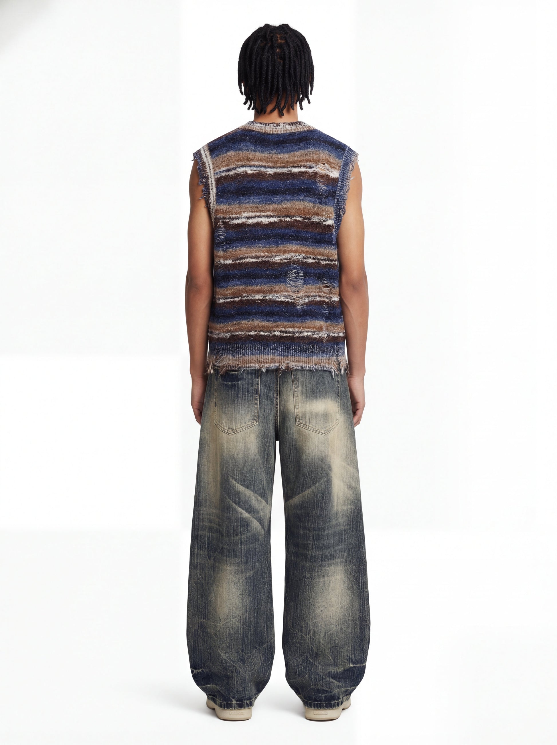 Frayed Edge Striped V Neck Knit Vest 