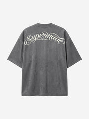 赤い唇の刺繍入りスエードTシャツ