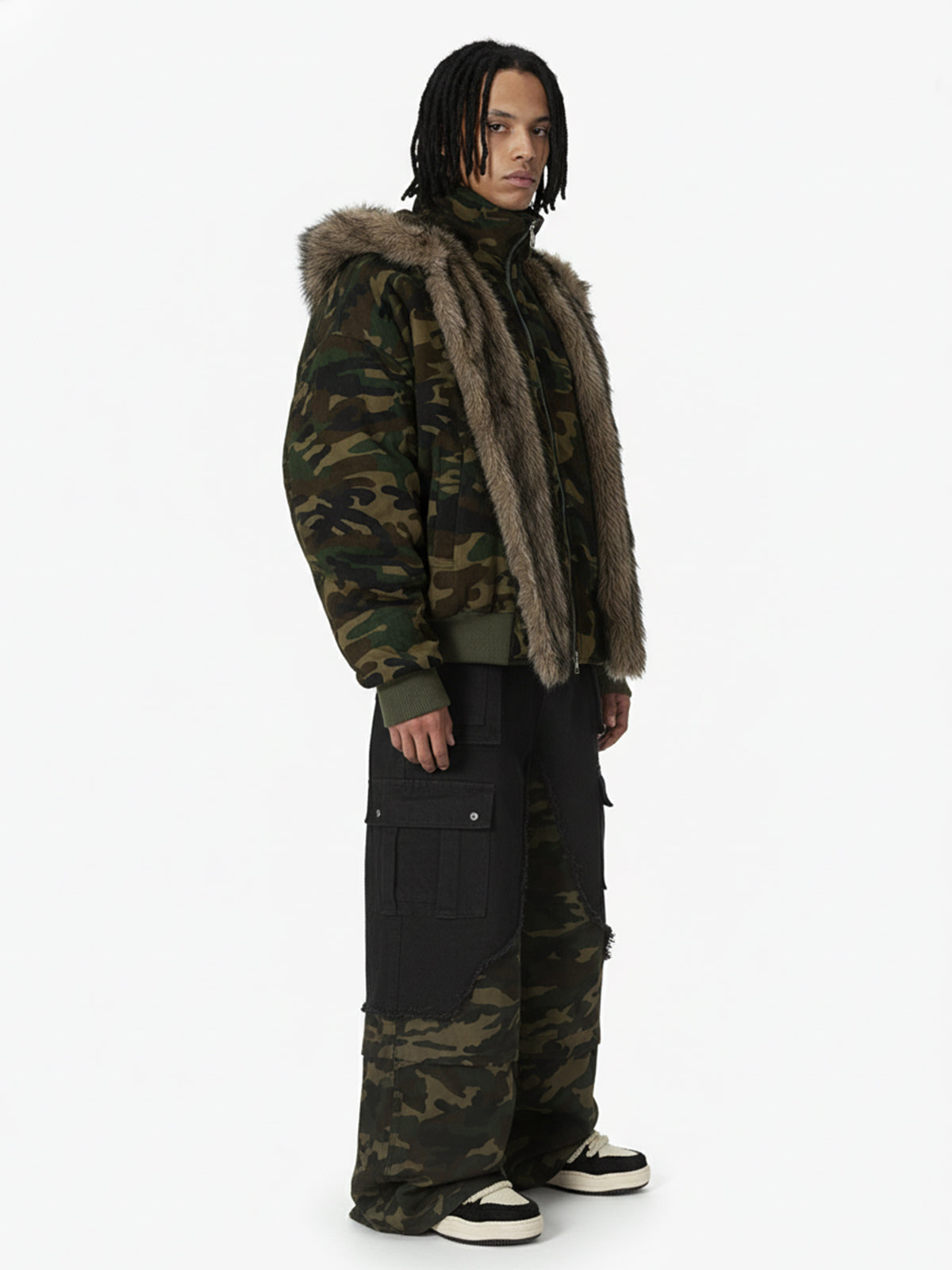 Vintage Camouflage Fur Collar Quilted Hooded Bomber Jacket 