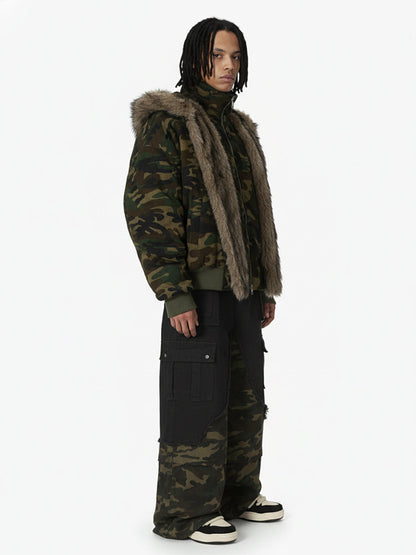 Vintage Camouflage Fur Collar Quilted Hooded Bomber Jacket 