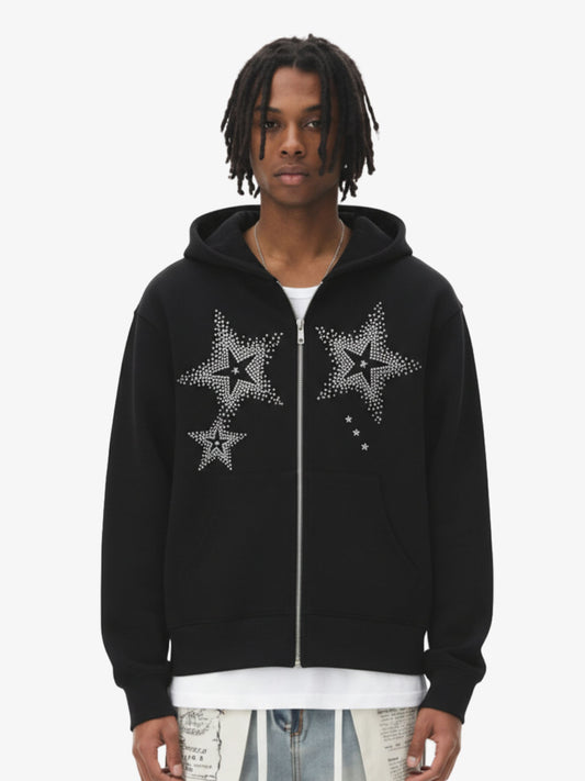 Star Rhinestone Cat Ear Zip-Up Hoodie